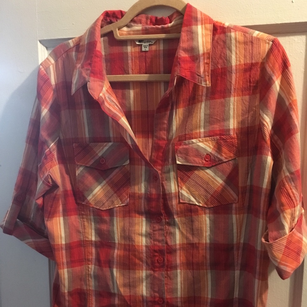 Kut from the kloth orange plaid button down shirt